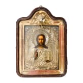 An icon showing Christ Pantokrator with silver-gilt okad and kiot, Russia, 2nd half of the 19th century (icon), Moscow, Ivan A. Alekseevitch, 1879 (oklad)