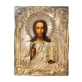 An icon showing Christ Pantokrator with silver-gilt okad and kiot, Russia, 2nd half of the 19th century (icon), Moscow, Ivan A. Alekseevitch, 1879 (oklad)