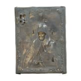 A small Russian icon showing Mitrophan of Voronezh with silver oklad, mid-19th century (icon), Tula, 1844 (oklad)