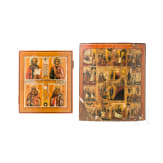 Two icons: a large feast icon and a four-partite icon with the Crucifixion and Saint Panteleimon, Russia, 19th century