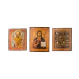 Drei Ikonen: Festtagsikone, Christus Pantokrator und Nikolaus von Myra, Russland, 19. Jhdt.