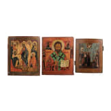 Drei Ikonen - H&ouml;llenfahrt Christi, Heiliger Charalampos und die Gottesmutter erscheint dem Heiligen Sergej von Radonesch, Russland, 19. Jhdt.