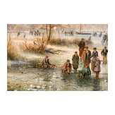 &bdquo;Winterlandschaft mit Schlittschuhl&auml;ufern", Hubert Kaplan (M&uuml;nchen 1940 &ndash; 2024 Egling b. M&uuml;nchen), ca. 1970er&ndash;1980er Jahre