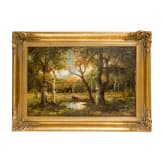 "Waldlandschaft mit Wasserstelle und Rindern", Henri Joseph Harpignies (Valenciennes 1819 &ndash; 1916 Saint-Priv&eacute;) zugeschrieben, sp&auml;tes 19. Jhdt.