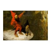 "Dwarfs on mushrooms in a forest landscape", Heinrich Schlitt (Wiesbaden-Biebrich 1849 &ndash; Munich 1923), 1880, oil on wooden panel