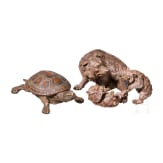 "Tortoise", Franz Xaver Bergmann (Vienna 1861 &ndash; 1936 Vienna); "Wolf group with cubs", Stefan Buchinger (Vienna, active circa 1900), circa 1900, polychrome cold-painted bronzes