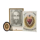 A group of religious works (convent work; Sacred Heart votive image; engraving of the Holy Face of Christ), probably France/Italy, 19th century