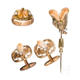 14ct gold and grandel jewellery set: a pair of cufflinks, ring and pin