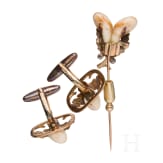 14ct gold and grandel jewellery set: a pair of cufflinks, ring and pin