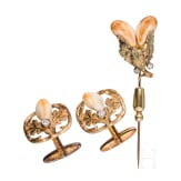 14ct gold and grandel jewellery set: a pair of cufflinks, ring and pin