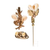 A 14ct gold and grandel jewellery set: brooch, ring and pin