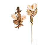 A 14ct gold and grandel jewellery set: brooch, ring and pin