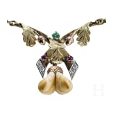 A 14-carat gold and red stag grandel jewellery set comprising earrings, brooch, ring, bracelet and necklace