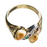 A 14-carat gold and red stag grandel jewellery set comprising earrings, brooch, ring, bracelet and necklace