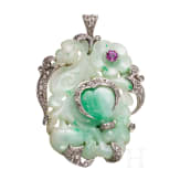 A 18ct whitegold nephrite brooch set with ruby and small diamond roses