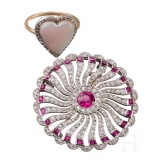A 18ct whitegold ruby and diamond roses brooch and a heart-shaped 18ct gold and agate stone ring