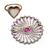 A 18ct whitegold ruby and diamond roses brooch and a heart-shaped 18ct gold and agate stone ring