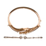 A 18ct gold bracelet and brooch with diamonds and pearls