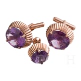 A pair of 14ct gold and amethyst cufflinks and a lapel pin