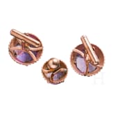 A pair of 14ct gold and amethyst cufflinks and a lapel pin