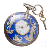A silver-guilloch&eacute; enamel and brass pocket watch, France, 19th century
