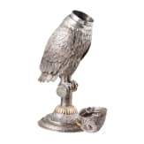 A large German partially gilt silver owl &bdquo;drinking game", Schw&auml;bisch Gm&uuml;nd, Hugo B&ouml;hm, circa 1900