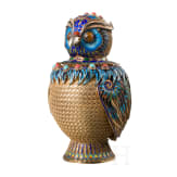 An unusual German silver-gilt and enamel owl-shaped lidded box, circa 1920