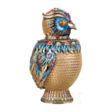 An unusual German silver-gilt and enamel owl-shaped lidded box, circa 1920