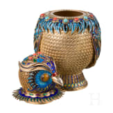 An unusual German silver-gilt and enamel owl-shaped lidded box, circa 1920