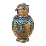 An unusual German silver-gilt and enamel owl-shaped lidded box, circa 1920