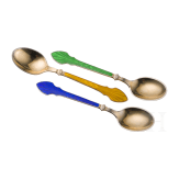 Six silver and guilloch&eacute; enamel tea spoons, Denmark, Meka Sterling