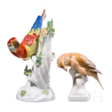 A porcelain parrot and a crossbill, J. J. Kaendler, 1740 (design), Meissen / Theodor K&auml;rner (design), Nymphenburg, 2nd half of the 20th century (finish both figures)