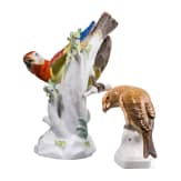 A porcelain parrot and a crossbill, J. J. Kaendler, 1740 (design), Meissen / Theodor K&auml;rner (design), Nymphenburg, 2nd half of the 20th century (finish both figures)