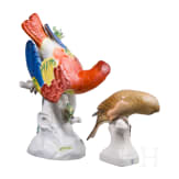 A porcelain parrot and a crossbill, J. J. Kaendler, 1740 (design), Meissen / Theodor K&auml;rner (design), Nymphenburg, 2nd half of the 20th century (finish both figures)