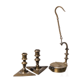 Two barocque candlesticks and a miner's oil lamp, Spainish and german, 17th/18th century