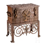 A German war chest with wrought iron stand, dated 1708