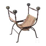 Faldstool, Italy, 17th century, in part 19th century, wrought iron, brass finials, textile seat