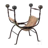Faldstool, Italy, 17th century, in part 19th century, wrought iron, brass finials, textile seat