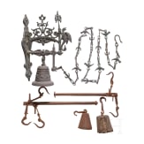 Two German cast iron scales, 18th century, and a cast brass wall bell, 19th century