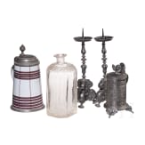 A group of containers made from pewter, glass and fayence, Germany, 18th century
