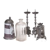 A group of containers made from pewter, glass and fayence, Germany, 18th century