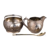 Niello-Sahnegie&szlig;er, Zuckerdose und L&ouml;ffel, Russland, Moskau, 1884- 1893