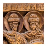 A large Russian carved icon showing Saints Boris and Gleb, late 19th century