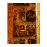 A Russian icon showing Saint Nicholas of Mozhaisk with 40 scenes of his life with silver halo, Russia, 18th century