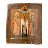 A Russian icon showing the three Hierarchs of Orthodoxy Sts. Basil the Great, Gregory the Theologian and John Chrysostom, 19th century