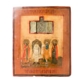 A Russian icon showing four Saints and a bronze triptych, 19th century