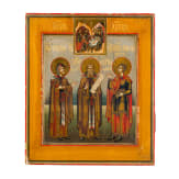 An icon showing Saints Maron, Sergei and Panteleimon and the nativity of Christ, Russia, 19th century.