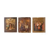 Three Russian icons: the Synaxis of the Archangels, Mother of God "joy to all who grieve" and Saint Nicholas of Myra, Russia, 19th century