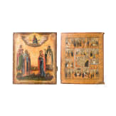 Two Russian icons: a feast icon and an icon with four Saints and Christ Pantokrator, late 19th century
