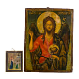 Two icons: a large icon showing Saint John the Baptist and a small icon showing the Appearance of Mother of God to the Venerable Sergey Radonezh, Greek/Russia, circa 1900